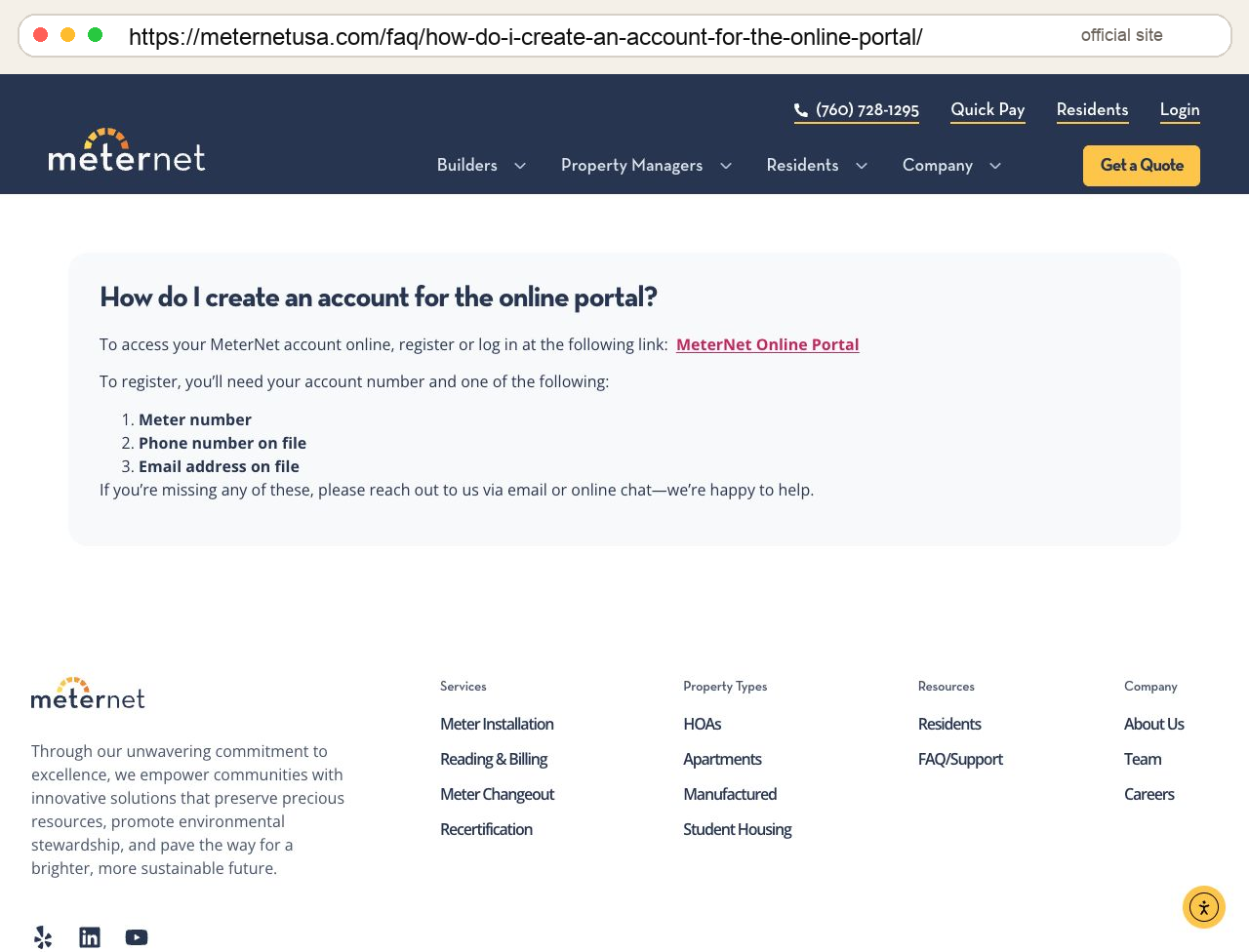 MeterNet FAQ page for creating an online portal account with URL bar.