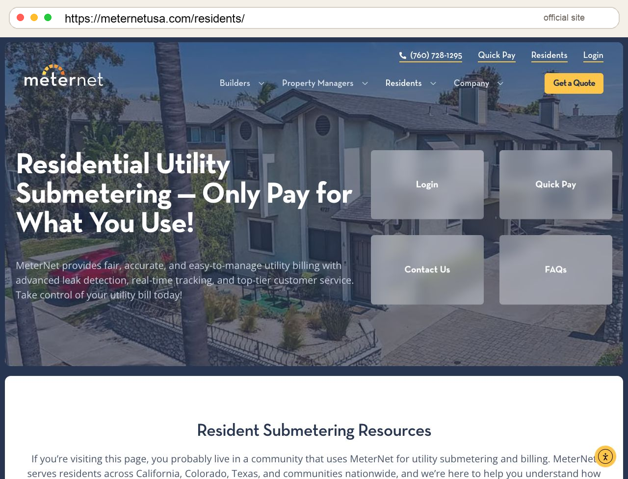 MeterNet Residents page with URL bar and resident resources.