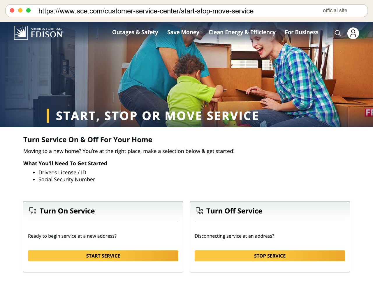 SCE Start Stop or Move Service page with Turn On, Turn Off, Transfer Service, and URL bar.