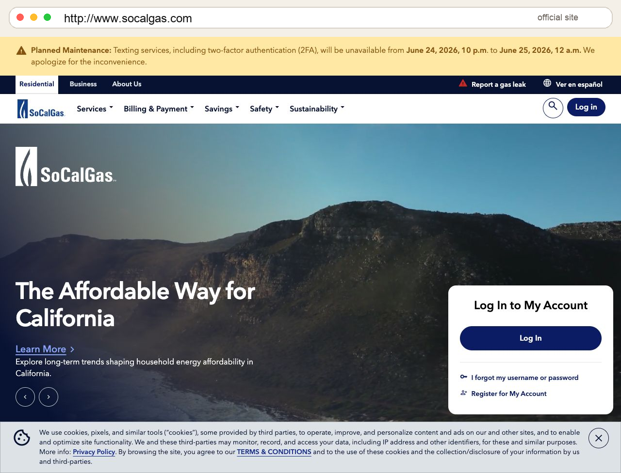SoCalGas homepage with URL bar.