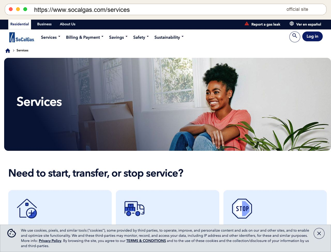 SoCalGas Services page with Start Service, Transfer Service, and Stop Service options plus URL bar.